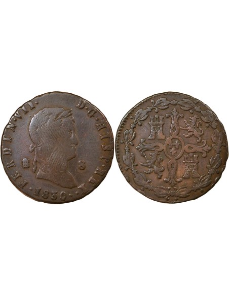 Espagne Ferdinand VII 2e Portrait 8 maravedis Cuivre 1830 Aqu Ségovia (Aqueduc)