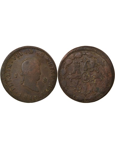 Espagne Ferdinand VII 2e Portrait 8 maravedis Cuivre 1818 J Jubia (J ou JA)