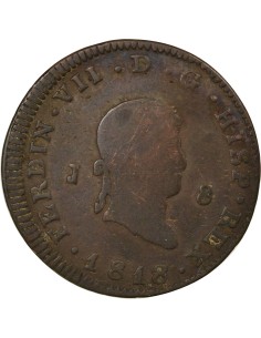 Espagne Ferdinand VII 2e Portrait 8 maravedis Cuivre 1818 J Jubia (J ou JA) 2