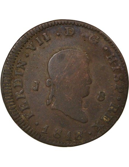 Espagne Ferdinand VII 2e Portrait 8 maravedis Cuivre 1818 J Jubia (J ou JA)