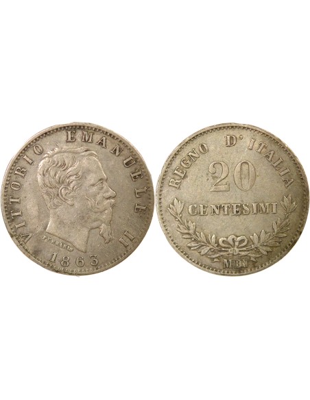 Italie Victor Emmanuel II 20 centesimi Argent 1863 M Milan