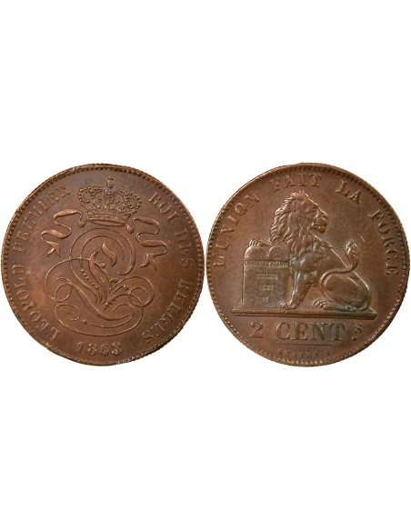 Belgique Léopold Ier 2 centimes Cuivre 1863 B. Bruxelles
