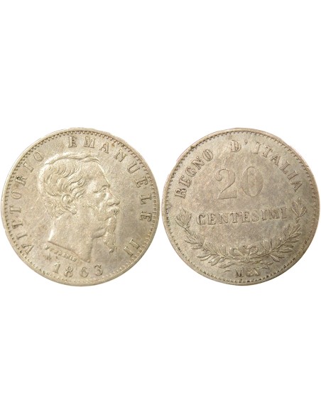 Italie Victor Emmanuel II 20 centesimi Argent 1863 M Milan