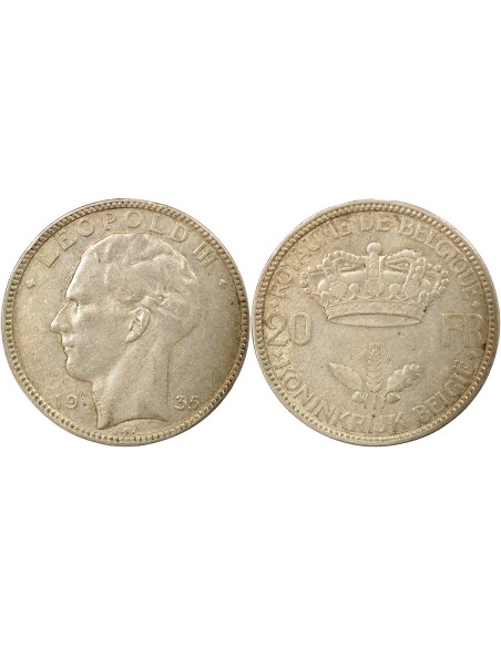 Belgique Léopold III Position B 20 francs Argent 1935 B. Bruxelles