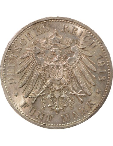 Etats Allemands (Prusse) Guillaume II de Wurtemberg 5 mark Argent 1913 A Berlin