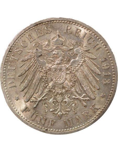 Etats Allemands (Prusse) Guillaume II de Wurtemberg 5 mark Argent 1913 A Berlin