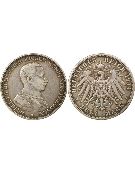 Etats Allemands (Prusse) Guillaume II de Prusse 3 mark Argent 1914 A Berlin