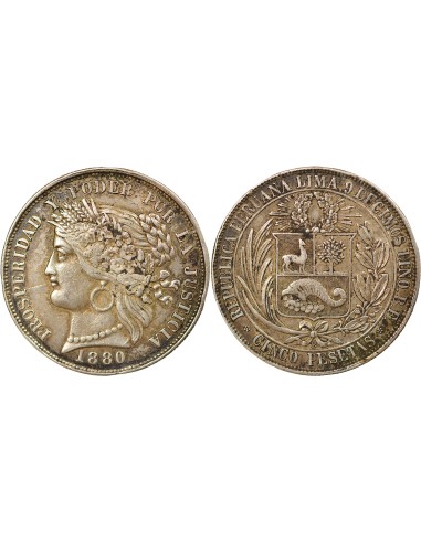 Pérou 5 pesetas Argent 1880 BF Lima