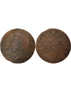 Louis XIII 1 double tournois Cuivre 1642 H La Rochelle