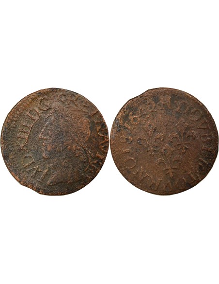 Louis XIII 1 double tournois Cuivre 1642 H La Rochelle