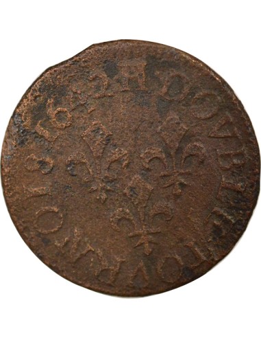 Louis XIII 1 double tournois Cuivre 1642 H La Rochelle