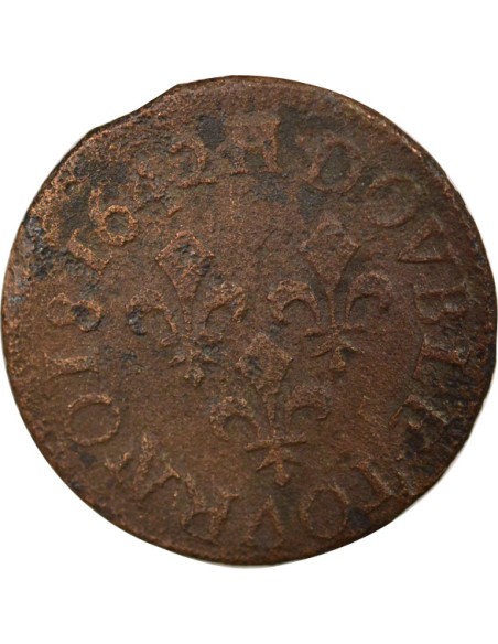 Louis XIII 1 double tournois Cuivre 1642 H La Rochelle