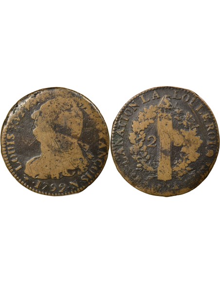 Louis XVI au Faisceau 2 sols Cuivre 1792 N Montpellier