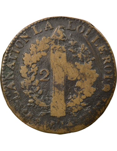 Louis XVI au Faisceau 2 sols Cuivre 1792 N Montpellier