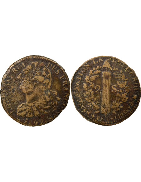 Louis XVI au Faisceau 2 sols Cuivre 1792 N Montpellier