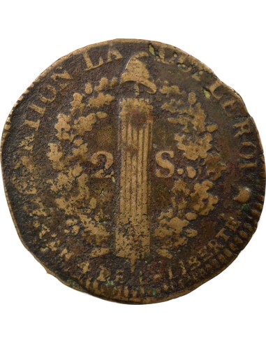 Louis XVI au Faisceau 2 sols Cuivre 1792 N Montpellier
