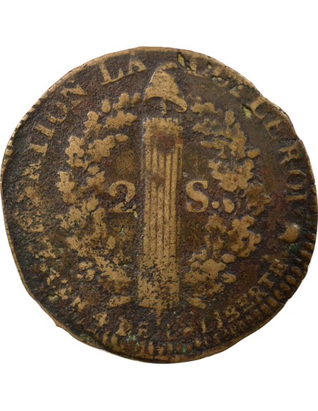 Louis XVI au Faisceau 2 sols Cuivre 1792 N Montpellier