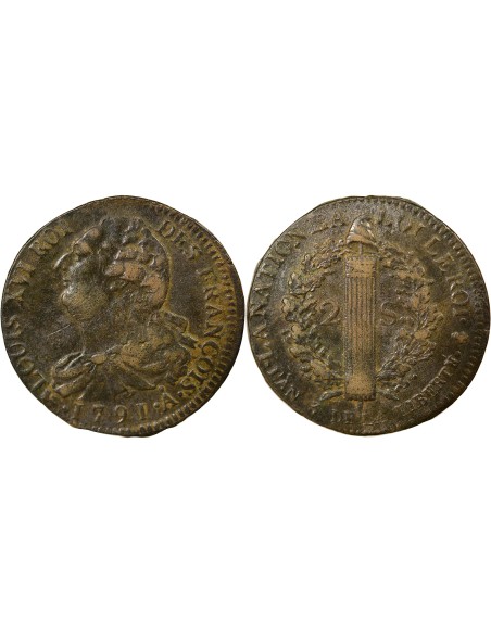 Louis XVI Au Faisceau 2 sols Cuivre 1791 A - Paris