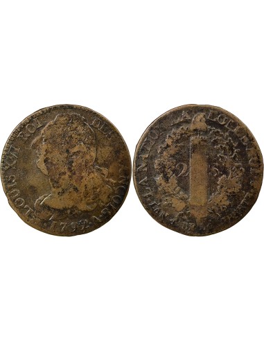 Louis XVI au Faisceau 2 sols Cuivre 1792 A - Paris