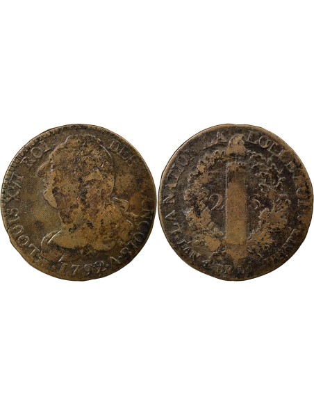 Louis XVI au Faisceau 2 sols Cuivre 1792 A - Paris