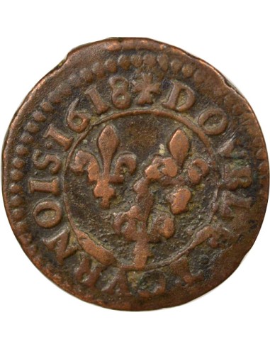 Louis XIII Type 4 1 double tournois Cuivre 1618 D Lyon