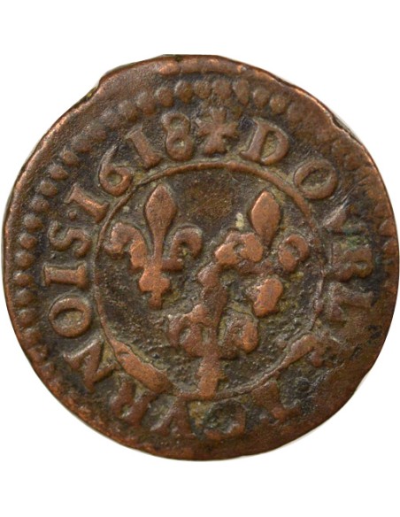 Louis XIII Type 4 1 double tournois Cuivre 1618 D Lyon