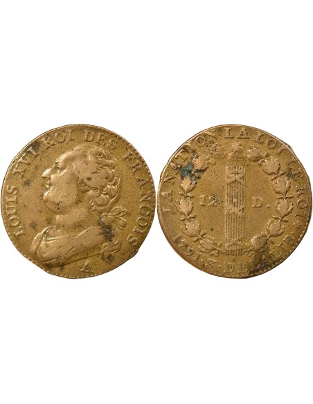 Louis XVI au Faisceau 12 denier Cuivre 1791 A - Paris