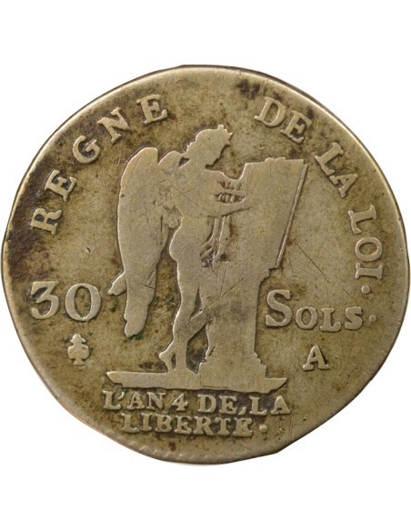 Louis XVI Au Génie 30 sols Argent 1792 A - Paris