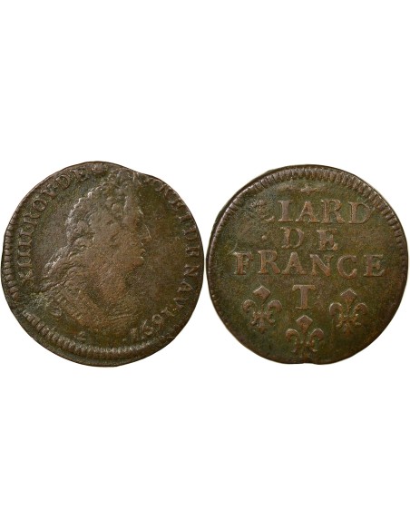 Louis XIV Au Buste Âgé 1 liard Cuivre 1697 T Nantes