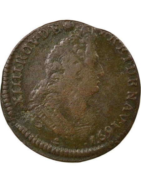 Louis XIV Au Buste Âgé 1 liard Cuivre 1697 T Nantes