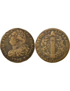 Louis XVI au Faisceau 2 sols Cuivre 1792 T Nantes