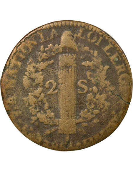 Louis XVI au Faisceau 2 sols Cuivre 1792 T Nantes