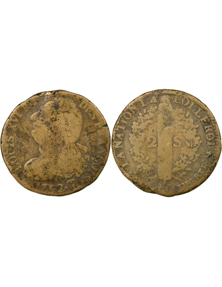 Louis XVI au Faisceau 2 sols Cuivre 1792 T. Saumur