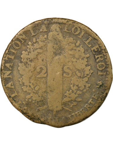 Louis XVI au Faisceau 2 sols Cuivre 1792 T. Saumur