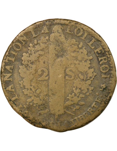 Louis XVI au Faisceau 2 sols Cuivre 1792 T. Saumur