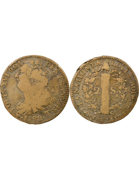Louis XVI au Faisceau 2 sols Cuivre 1792 T. Saumur