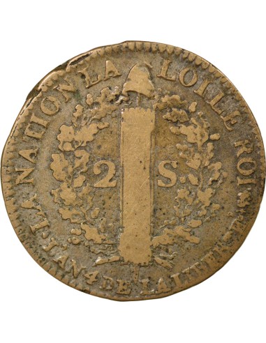 Louis XVI au Faisceau 2 sols Cuivre 1792 T. Saumur