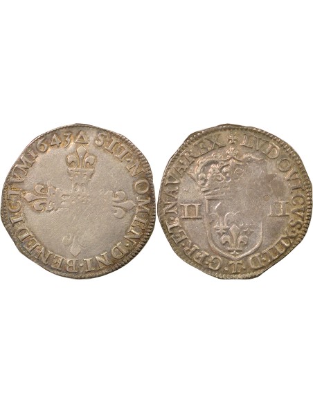 Louis XIII Croix Fleurdelisée 1/4 ecu Argent 1643 T Nantes