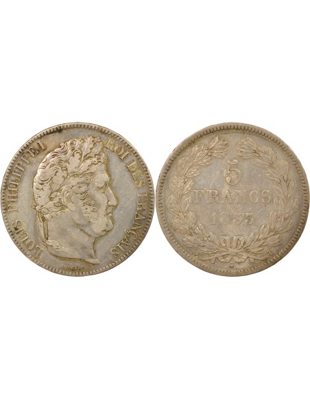 Louis-Philippe Ier Tr. en relief 5 francs Argent 1833 T Nantes