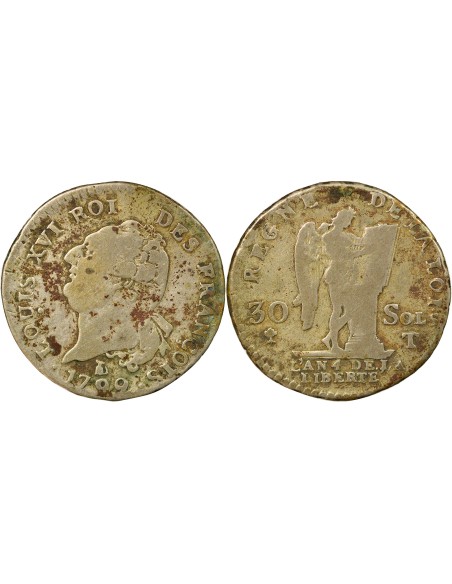 Louis XVI Au Génie 30 sols Argent 1792 T Nantes
