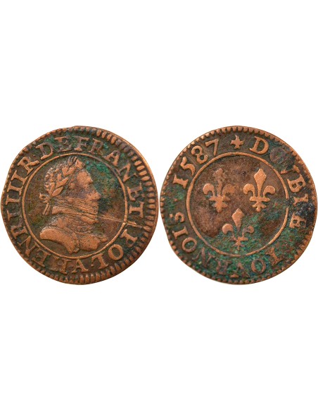 Henri III 1er Type 1 double tournois Cuivre 1587 A - Paris