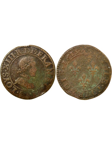 Louis XIII Type 1 1 double tournois Cuivre 1615 A - Paris