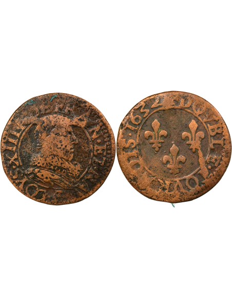Louis XIII Type 1 1 double tournois Cuivre 1632 E Tours