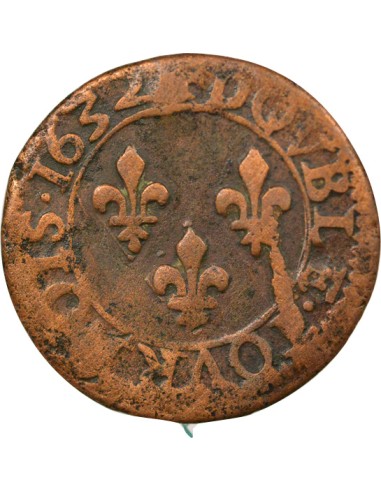 Louis XIII Type 1 1 double tournois Cuivre 1632 E Tours