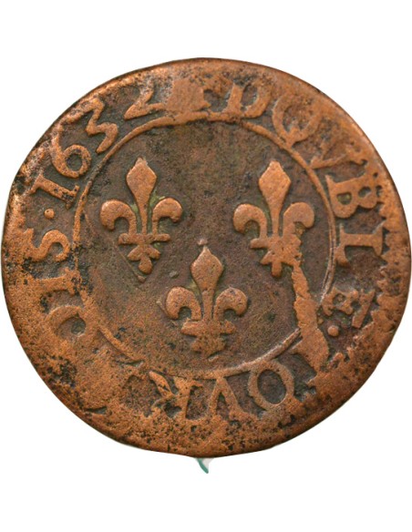 Louis XIII Type 1 1 double tournois Cuivre 1632 E Tours