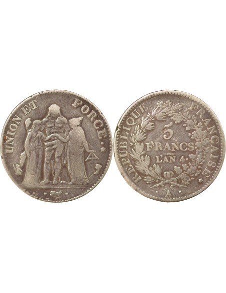 Union & Force 5 francs Argent An 4 A - Paris