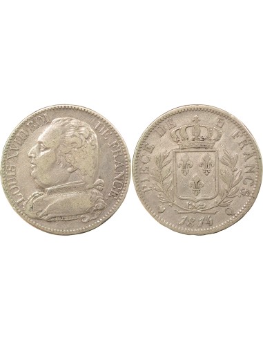 Louis XVIII Buste Habillé 5 francs Argent 1814 Q Perpignan