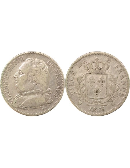 Louis XVIII Buste Habillé 5 francs Argent 1814 Q Perpignan