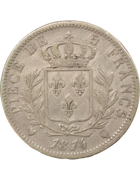 Louis XVIII Buste Habillé 5 francs Argent 1814 Q Perpignan