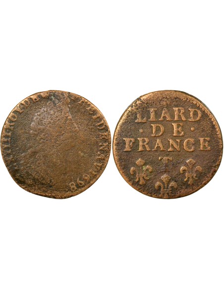 Louis XIV Au Buste Âgé 1 liard Cuivre 1698 T Nantes